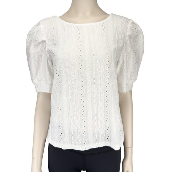 ONLY Eyelet Cottagecore Puff Sleeves Openback Round Neck Boho White Lace Top Mβ - Picture 2 of 10